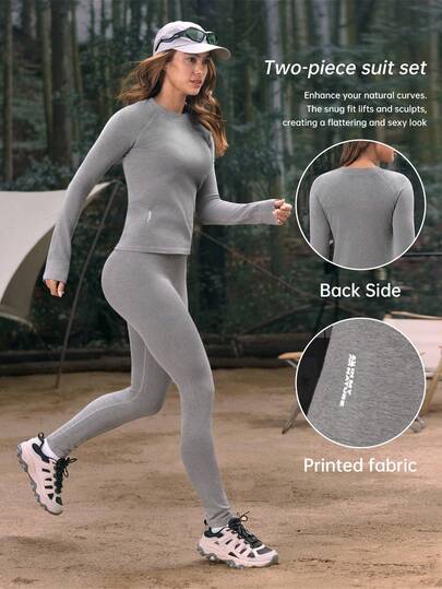 SHEIN In My Nature Conjunto de camiseta de manga raglán de unicolor y mallas para exteriores para mujer