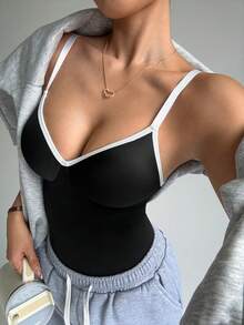 SHEIN 1pc Women Seamless Sports Bra & High Waist Shaping Bodysuit, Tummy Control - Black - View 3