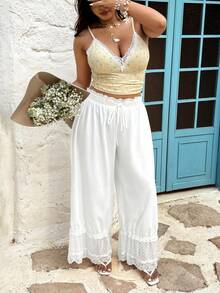 Sunnyshic Casual Loose Lace Trim Wide Leg Lantern Elastic Waist Retro Women Pants