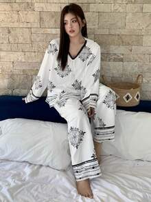 Dazy Plus 2 pezzi/Set Pigiama con top e pantaloni eleganti e morbidi con stampa floreale, taglie forti per donna, primavera/estate/autunno - Bianco e nero - Visualizzare 5