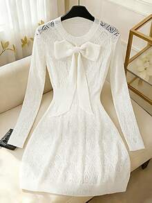 GlowEve Minimalist Round Neck French Romantic Style White Hollow Out Jacquard Knit Dress With 3D Bow Decor, Long Sleeve Waist Cinched A-Line Sweater Dress For Women, Spring/Autumn - White - View 3