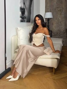Ronhire Chân váy đuôi cá màu trơn dành cho nữ, chất liệu satin, kiểu dáng thanh lịch, phù hợp cho các bữa tiệc và mặc hàng ngày. - Màu be - Xem 3