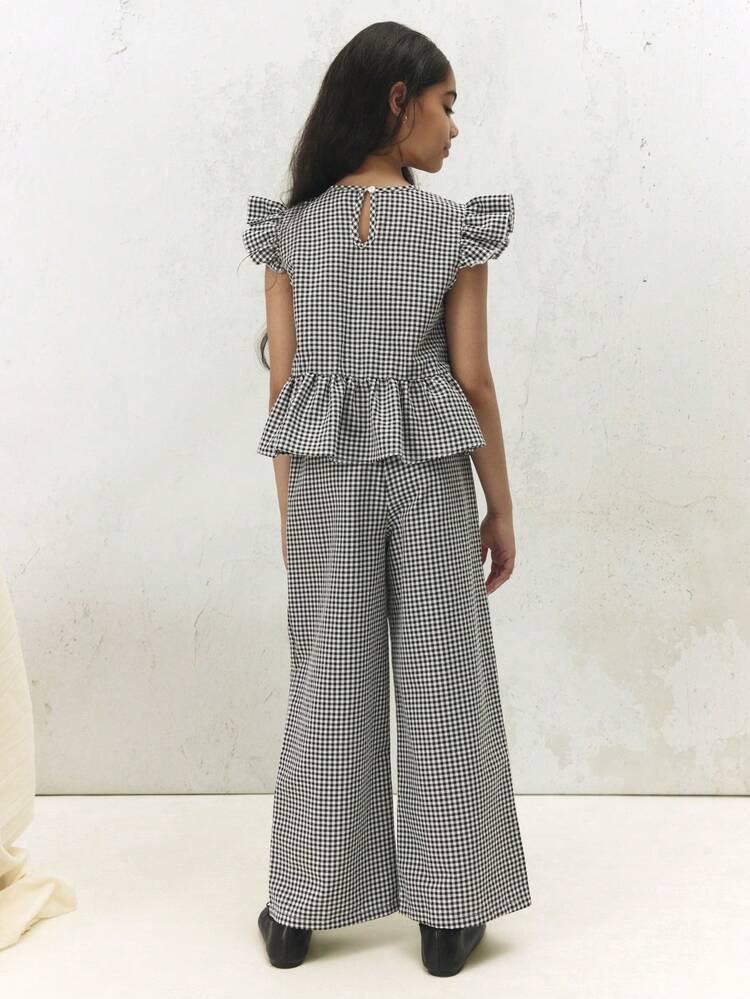 Gingham Checked Peplum Top With Palazzo Pants Set