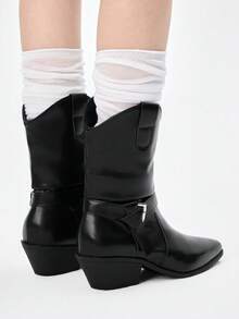 ROMWE Goth Giày bốt cổ ngắn nữ mũi nhọn, xếp ly, khóa cài, gót chunky thời trang. - màu đen - Xem 4