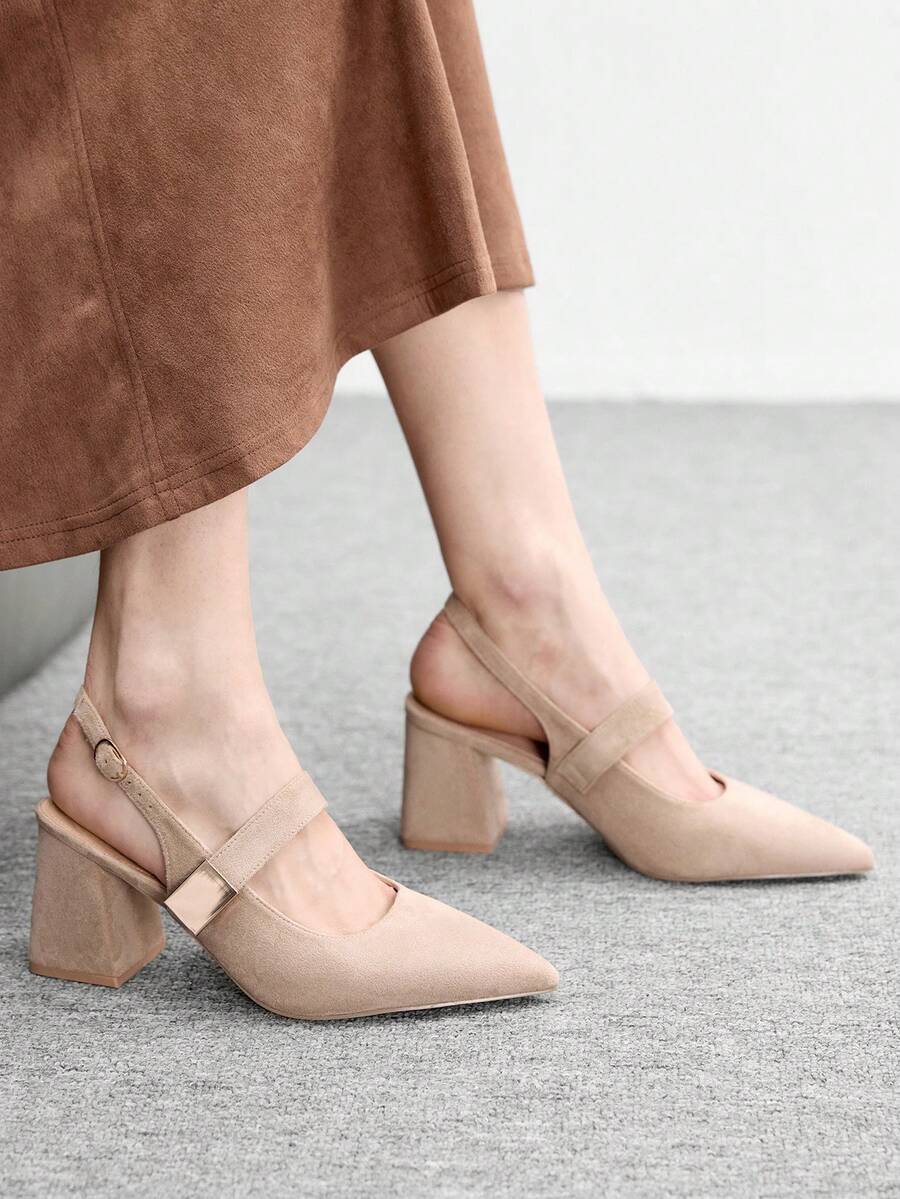 CUCCOO BIZCHIC Giày cao gót đế dày màu mơ dành cho nữ, thiết kế tối giản cổ điển, trang trí khóa kim loại, thích hợp cho đi làm, hẹn hò, dự tiệc, kỳ nghỉ hoặc đám cưới. - Hạnh nhân - Xem 1