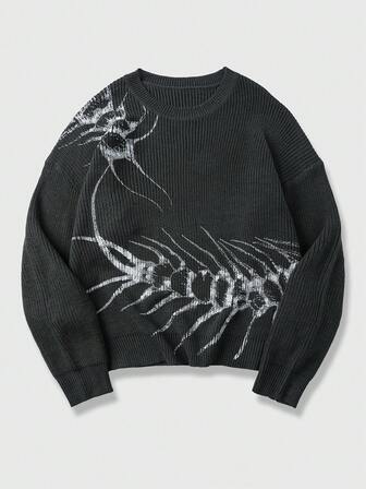 Men's Casual Distressed Scorpion Pattern Round Neck Long Sleeve Sweater, Autumn/Winter