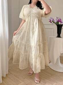Dazy Plus Plus Size Valentine Elegant Contrast Lace Frill Trim Puff Sleeve Waist Cinched Dress, Flattering Fit For Vacation & Date Sundress - Apricot - View 6