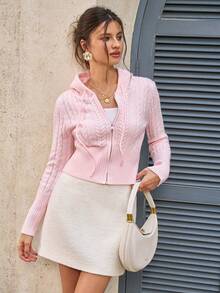 Cévolie Women's Cable Pattern Long Sleeve Zip-Up Hooded Cardigan - Pink - View 5