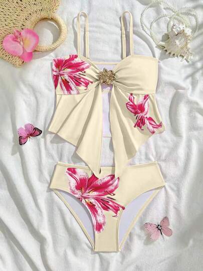 SHEIN Tween Girls Tankinis, Casual Beige Foundation Make-Up Large Flower Knitted Sports Mesh Splice Two Piece Swimsuit Set Fashion Leisure Exquisite Gorgeous Ladies Suitable For Swimming Summer Vacation Summer Beach Beach Swimming Pool Summer Party Leisure Vacation. Flower Bathing Suit Bow Swimsuits For Teen Girls Flower Bikini