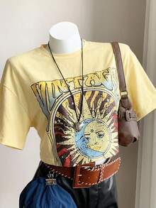 SHEIN Comfortcana 加大码粉色宽松太阳印花T恤，春夏款 - 淡黃色 - 查看 6