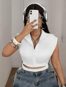 Maweii Blusa de moda sin mangas con cruce y lazo delantero para tallas grandes - Blanco - Ver 5