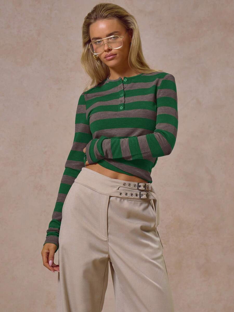 MUSERA 条纹圆领纽扣长袖修身上衣，秋季清凉街头风，外出休闲日常新款复古春夏款 - 綠色 - 查看 1