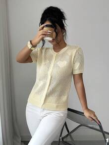 Elenzga Women's Spring/Summer New Heart Pattern Cardigan, Crew Neck, Casual, Fashionable, Sweet, Soft, Cream Yellow, Fitted Regular Style Knit Top - Yellow - View 4