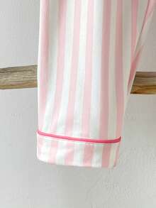 2件套 女童时尚可爱粉色条纹兔子印花甜美温柔翻领开衫长袖睡衣套装 - 粉色 - 查看 4