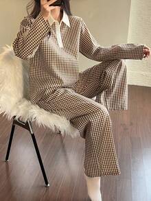DAZY Plaid Contrast Collar Loose Women's Pajama Set - Pink - View 6