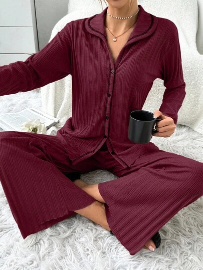 EURMUSE Conjunto de pijama de 2 peças com cardigã canelado e costura em cores contrastantes