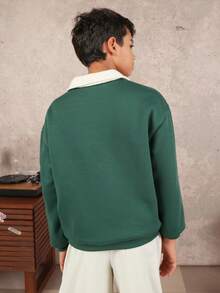 SUMWON Boys Color Block Polo Collar Sweatshirt With Chest Print Logo Casual Long Sleeve Pullover Top Fall Winter Fashion Vacation - Dark Green - View 2