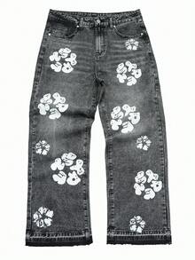 GALLERY FADE Quần jeans denim dáng suông rộng, in họa tiết hoa cổ điển dành cho nam, chất liệu denim đã qua xử lý. - Xám - Xem 4