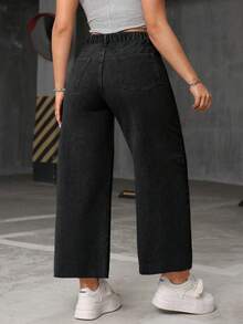 SHEIN ICON 秋冬大码休闲百搭毛边宽松牛仔裤 - 黑色 - 查看 2