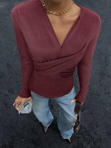 Siren Gaze 女士纯色V领长袖交叉设计简约时尚百搭T恤 - 酒紅色 - 查看 4