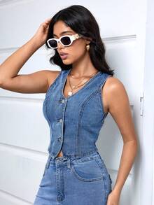 Chaleco de mezclilla con botones frontales para mujer, casual de verano - Azul lavado medio - Ver 3