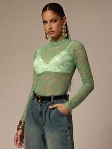 Silquee Áo liền thân dài tay ren hoa xuyên thấu gợi cảm dành cho nữ - Màu xanh Bạc hà - Xem 5