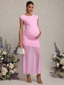 MaterniChic Vestido de maternidad casual de verano con contraste de malla y volantes