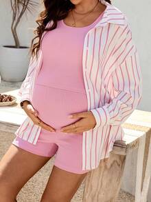 SHEIN Vestido acanalado sólido de maternidad y camisa casual de manga larga con cuello vuelto y un solo botón en la parte delantera - Rosa - Ver 8