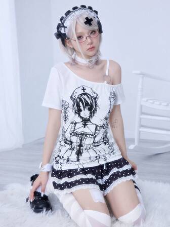 Anime T-shirt élastique à manches courtes pour femmes avec motif de vigne de dessin animé du millénaire et brides croisées