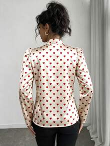 Rafferiza Áo kiểu nữ tay dài thanh lịch in hình trái tim, cổ buộc nơ, có khóa cài. - Nhiều màu - Xem 2