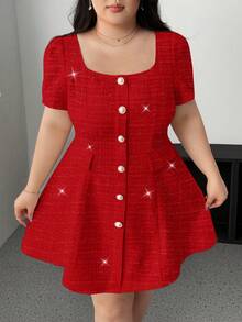 Vibekara Đầm dự tiệc/nghỉ mát thanh lịch cổ vuông tay ngắn cỡ lớn dành cho nữ - Đỏ - Xem 5