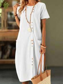 EMERY ROSE Đầm trơn màu, cài cúc phía trước, có túi, thích hợp cho kỳ nghỉ. - trắng - Xem 9