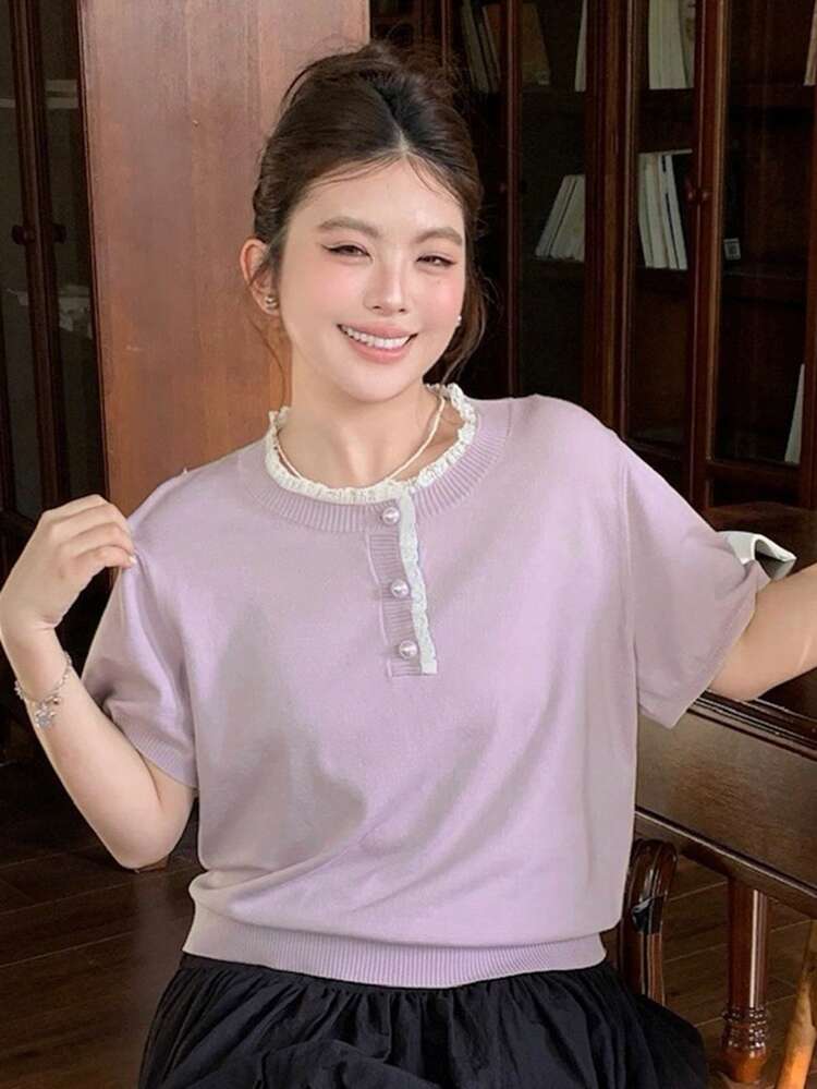 Dazy Plus Purple Contrast Lace Elegant Fitted Short Sleeve Knit Top