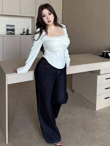 Dazy Plus Dark Wash Blue Waistband Patchwork Drawstring Straight Leg Long Jeans, All Season Baggy Jeans