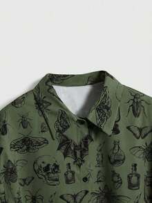 ROMWE Goth 女士休闲哥特风月亮植物复古单排扣衬衫 - 軍綠色 - 查看 4