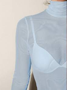 Bris Aura 斯德哥尔摩风格教师秋季高领针织上衣，优雅秋冬，网眼长袖上衣，商务休闲基本款上衣 - 藍色 - 查看 3