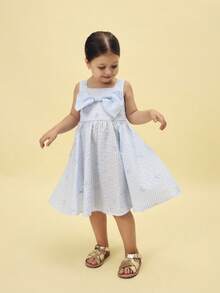 SUMWON Girls Light Striped Bow Detail Sleeveless A-Line Summer Dress With Smocked Bodice And Square Neckline Festive Occasionwear For Casual And Vacation - Baby Blue - View 7
