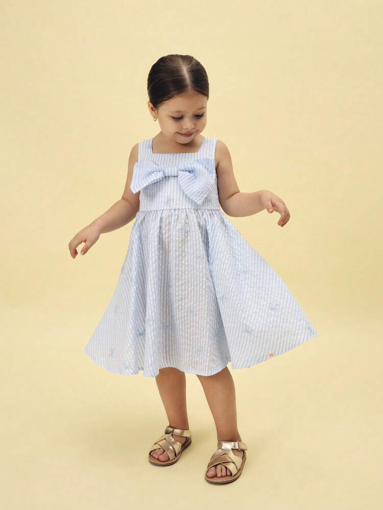 ライトストライプのリボンディテールAラインドレス