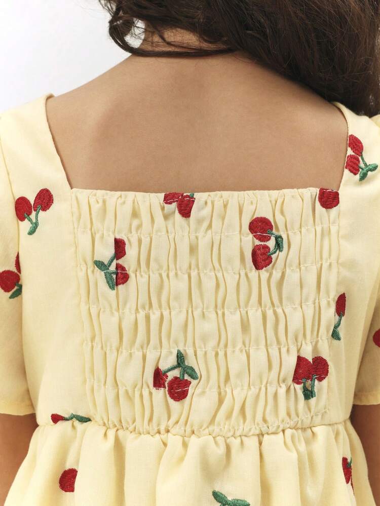 Cherry Print Flutter Sleeve Dress With Ruffles