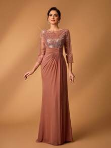 Serin Elegant Luxurious Beaded Sequin Embroidered Mesh Ruched Sheer Sleeve Mermaid Dress, Suitable For Weddings, Parties, Holidays, Formal Events - Coffee Brown - View 3