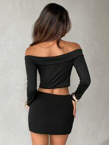 Aloruh 女士秋冬新款网眼紧身褶皱胸部扭领长袖T恤 - 黑色 - 查看 2