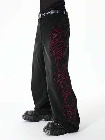 Street Life Herren Lässig Fashion Street Kreuz Stickerei Loose Fit Jeans