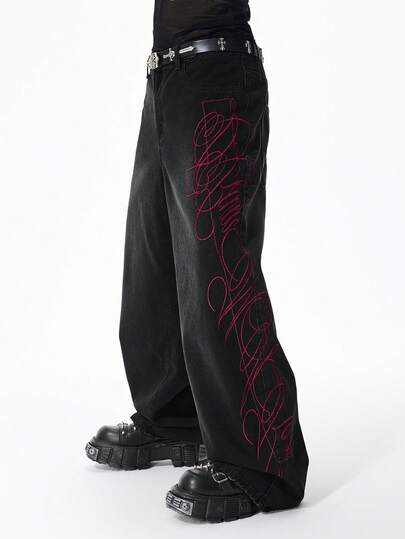 Street Life Herren Lässig Fashion Street Kreuz Stickerei Loose Fit Jeans