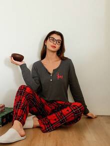 Lazeform Christmas Reindeer Plaid V-Neck Long Sleeve Top & Pants Women Casual Pajama Set, Fall Winter Clothes - Multicolor - View 6