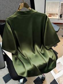 GlowEve CURVE Plus Size Silk Satin Elegant High-End Business Commute Metallic Flower Button Front Short Sleeve Blouse Satin Shirt Silk Shirt Green Shirt Women Satin Blouses For Women Green Blouses - Green - View 2