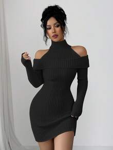 SHEIN Elenzya 女士休闲纯色针织罗纹露肩迷你毛衣连衣裙 - 黑色 - 查看 3