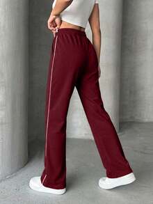 Women's Drawstring Waist Pockets Casual Sweatpants - Burgundy - View 2