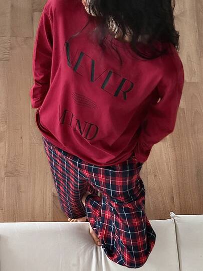 DAZY 2pcs Women Graphic Print Loose Long Sleeve Plaid Pajama Set