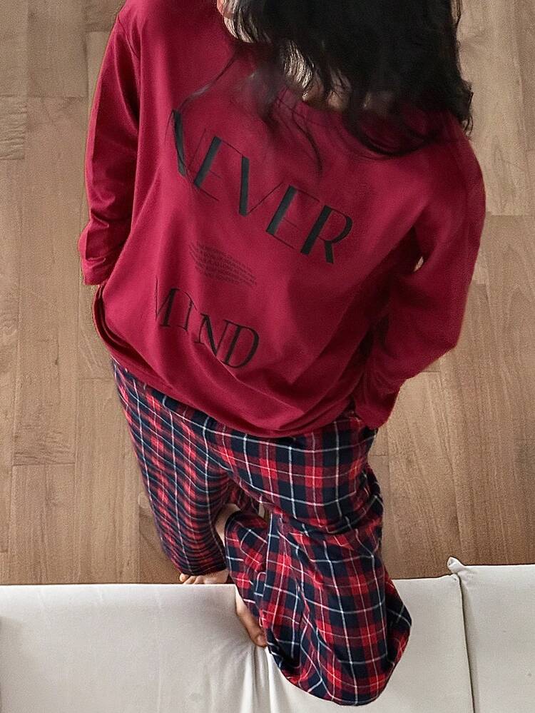 2pcs Women Graphic Print Loose Long Sleeve Plaid Pajama Set