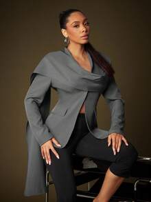 Vixey 浅灰色V领单排扣西装外套，配垂坠披肩 - 深灰色 - 查看 3